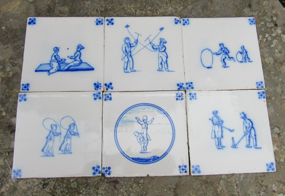SIX ANTIQUE CHILD'S PLAY DUTCH DELFT TILES 