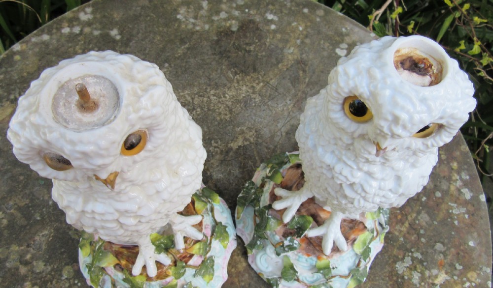 PAIR ANTIQUE GERMAN PORCELAIN OWL LAMP BASES View III