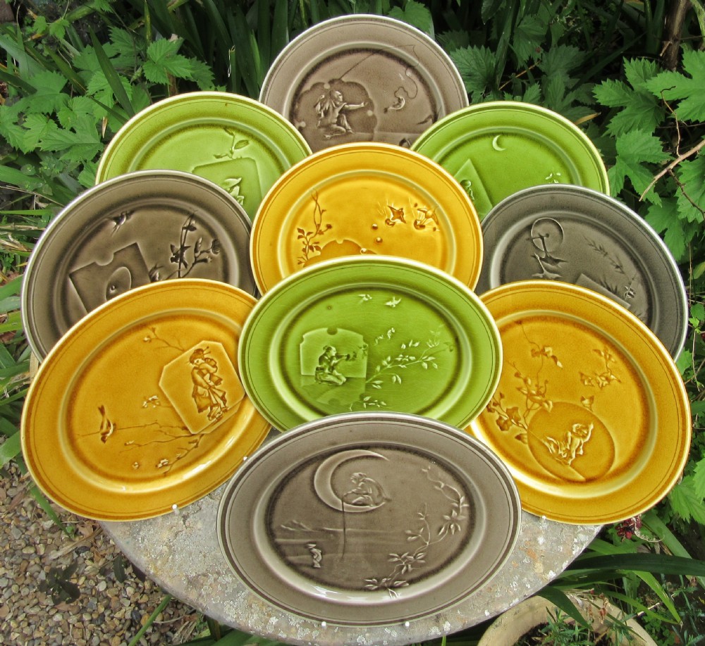 SET OF 10 FRENCH MAJOLICA AESTHETIC MOVEMENT PLATES c1880