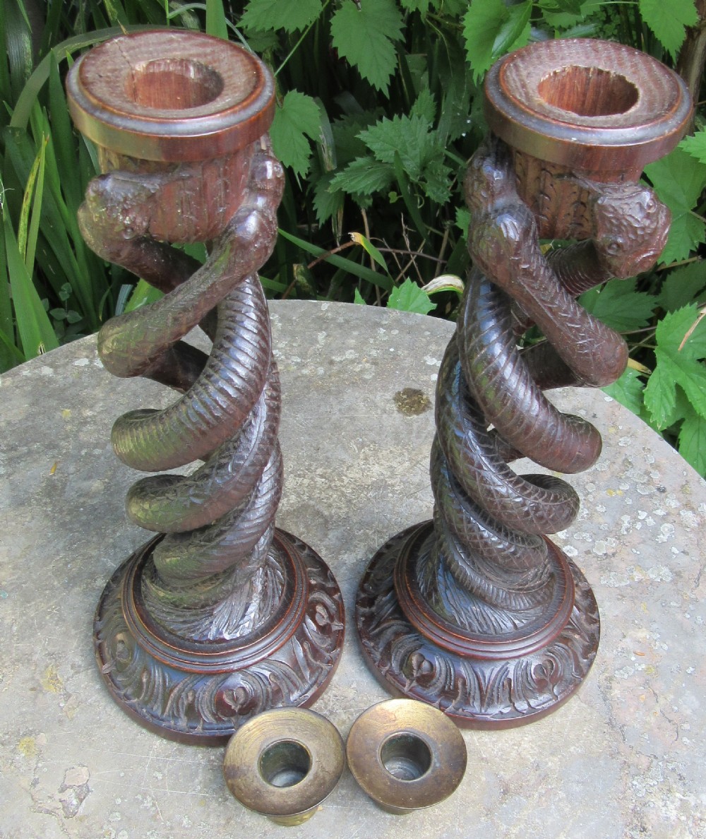 PAIR BRITISH OAK TRIPLE SERPENT CANDLESTICKS c1860 View IV