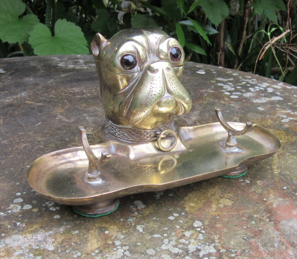ANTIQUE BRASS FRENCH BULLDOG INKWELL c1880