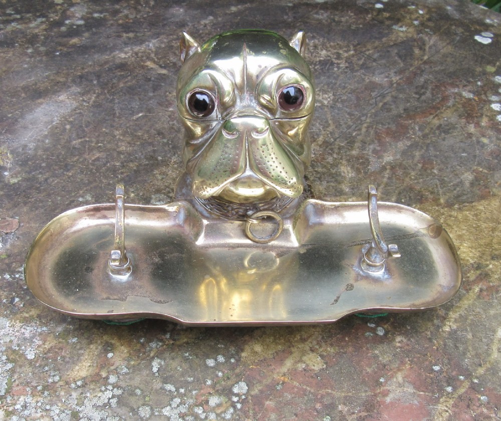 ANTIQUE BRASS FRENCH BULLDOG INKWELL c1880 View II