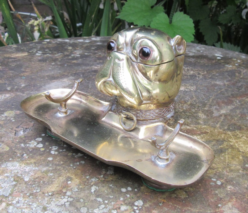 ANTIQUE BRASS FRENCH BULLDOG INKWELL c1880 View V