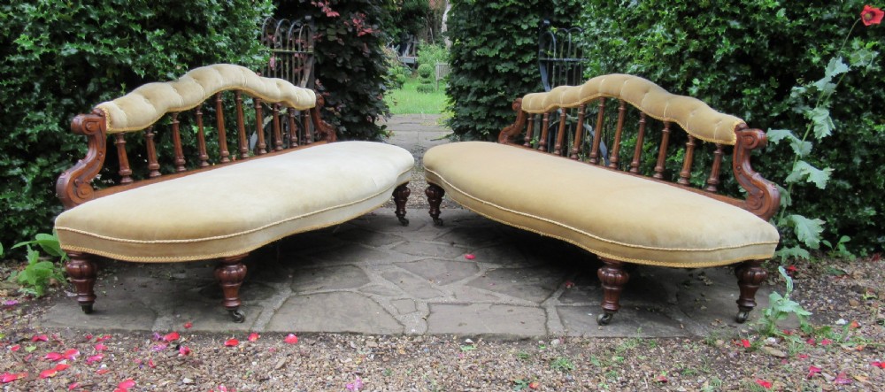 PAIR ENGLISH WALNUT SOFAS WINDOW SEATS c1870