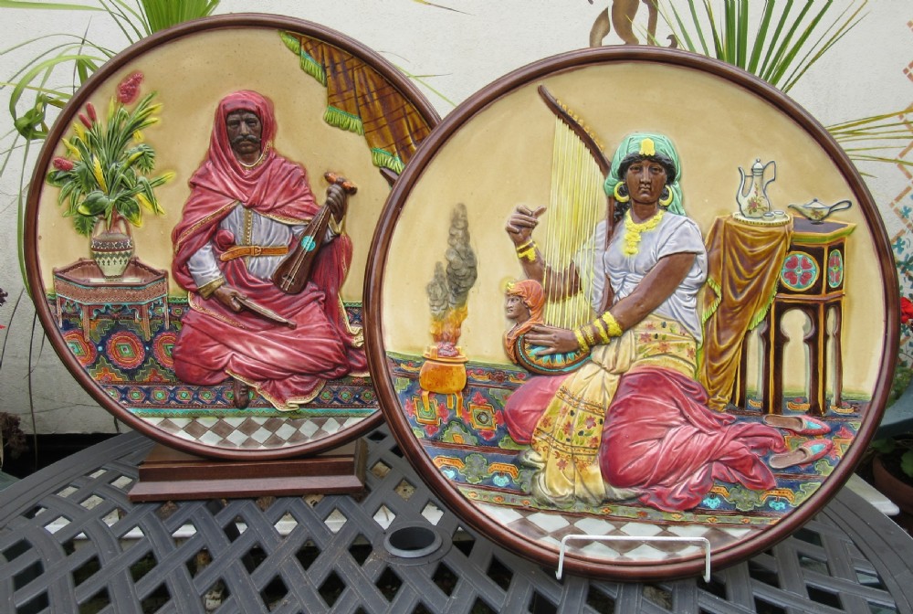 LARGE PAIR SCHUTZ CILLI MAJOLICA WALL PLAQUES c1890
