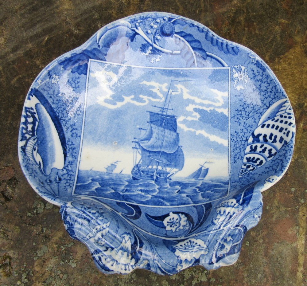 ENGLISH BLUE & WHITE POTTERY SHIPPING SERIES DISH c1810