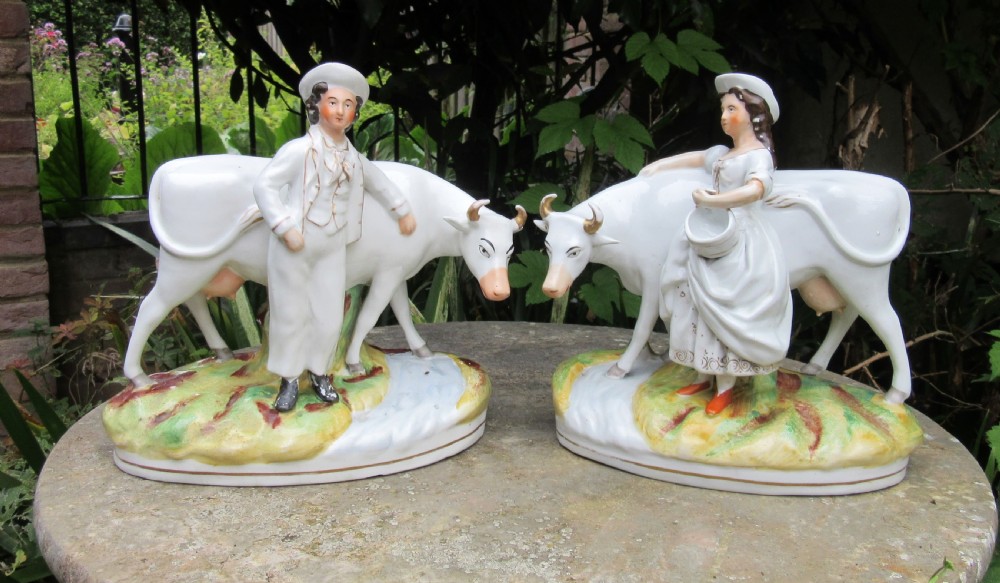 GRAND PAIR VICTORIAN STAFFORDSHIRE COW GROUPS c1860