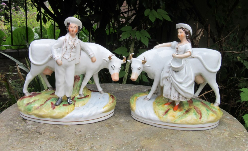 GRAND PAIR VICTORIAN STAFFORDSHIRE COW GROUPS c1860 View IV