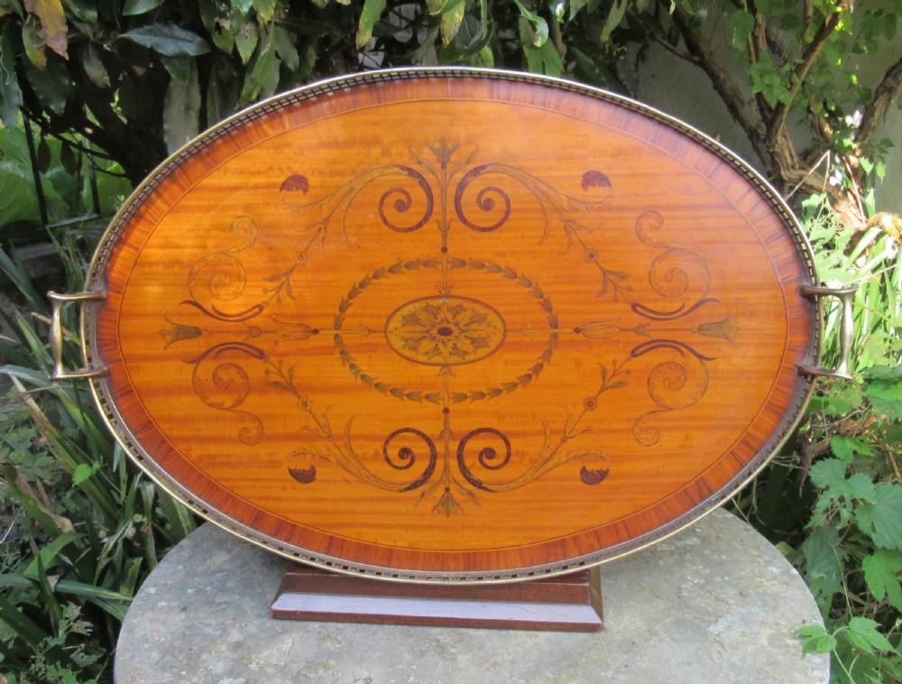 FINELY INLAID SATINWOOD TRAY WITH BRASS GALLERY c1880
