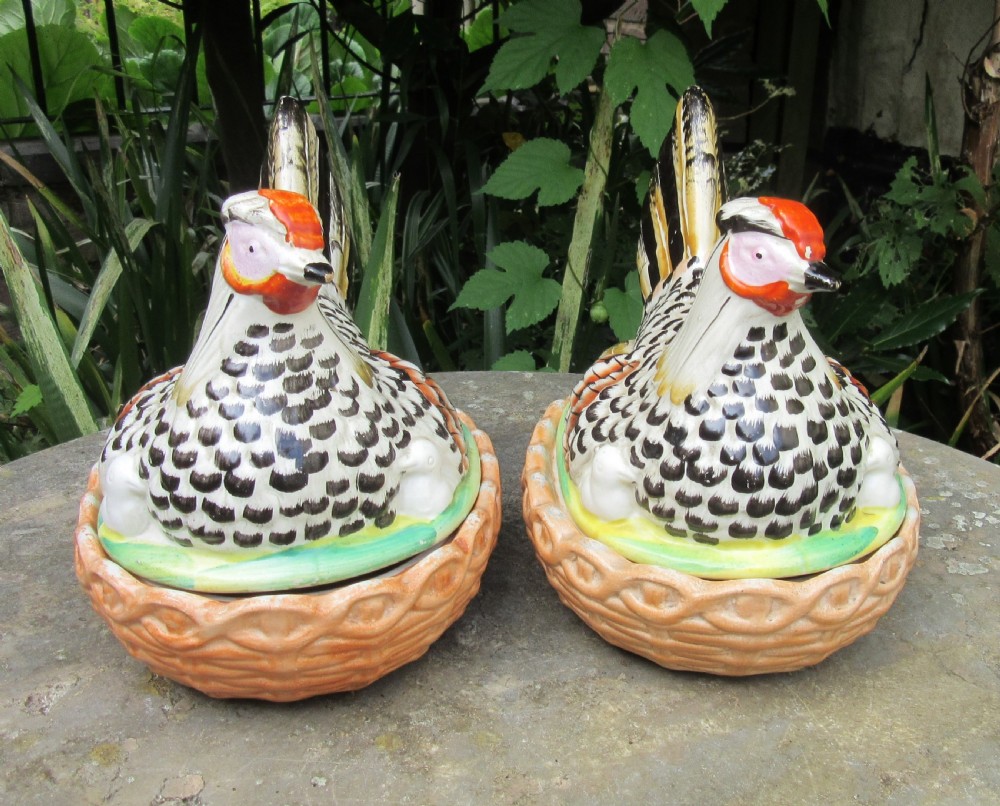 TWO STAFFORDSHIRE HENS ON NESTS c1860 View II