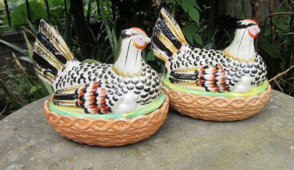 TWO STAFFORDSHIRE HENS ON NESTS c1860 View III