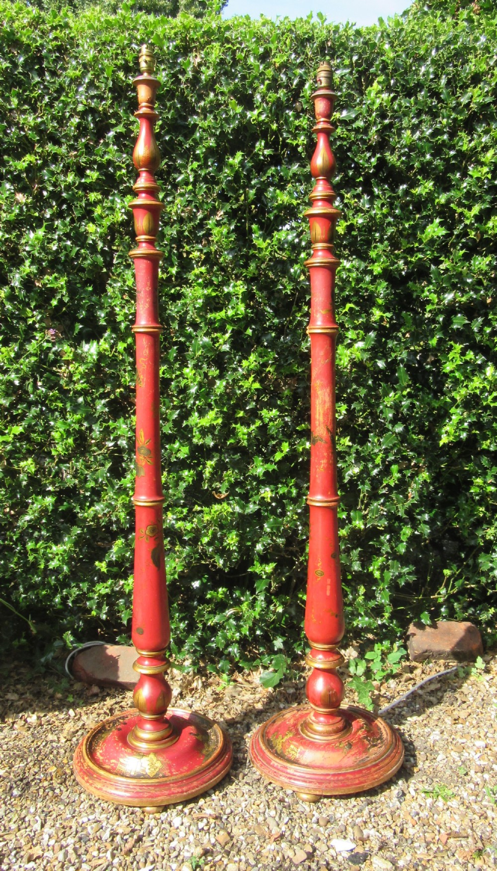 PAIR RED LACQUER CHINOISERIE FLOOR LAMPS