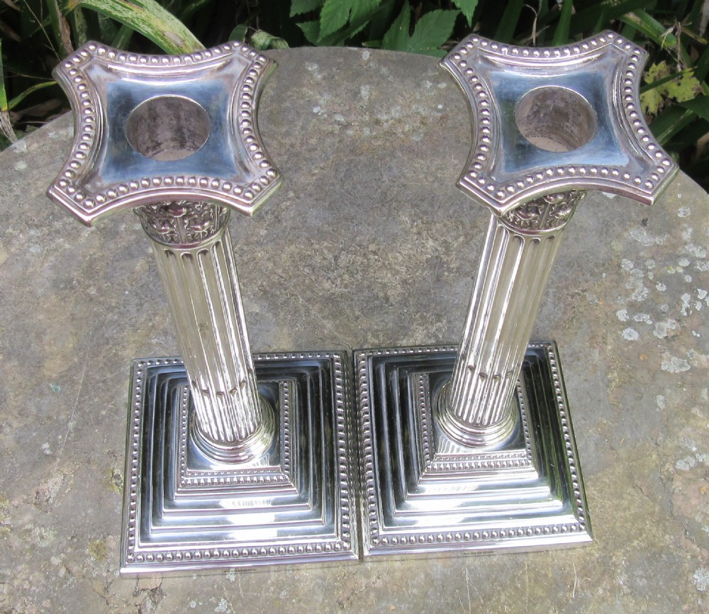 PAIR SILVER PLATED CORINTHIAN COLUMN CANDLESTICKS c1900 View II