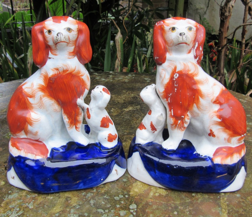 PAIR VICTORIAN STAFFORDSHIRE DOGS AND PUPS c1860