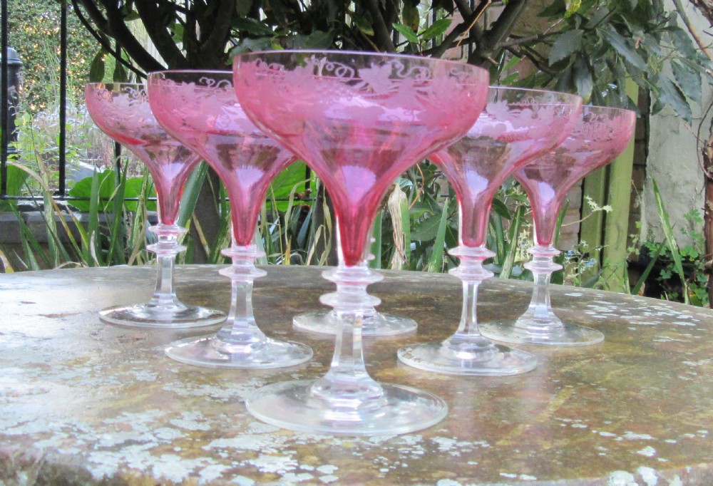 SET 6 CRANBERRY GLASS CHAMPAGNE COUPES c1900