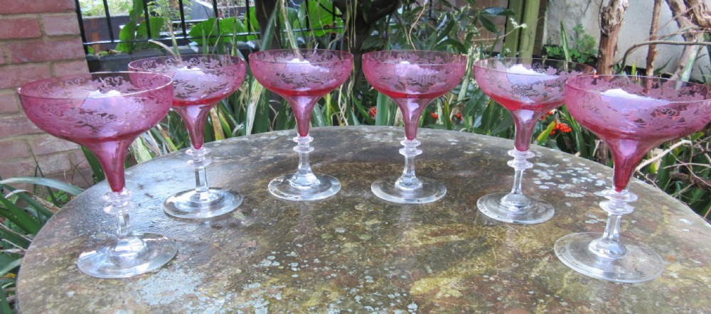 SET 6 CRANBERRY GLASS CHAMPAGNE COUPES c1900 View III