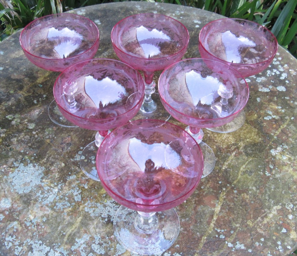 SET 6 CRANBERRY GLASS CHAMPAGNE COUPES c1900 View IV