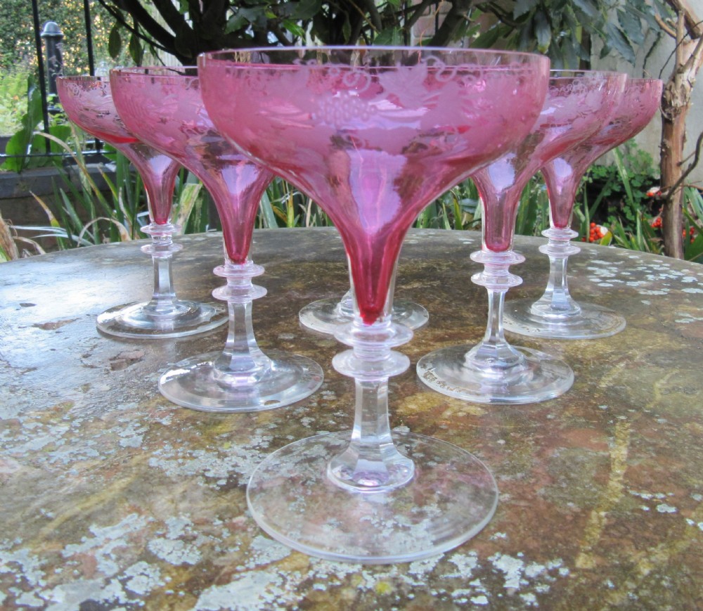 SET 6 CRANBERRY GLASS CHAMPAGNE COUPES c1900 View V