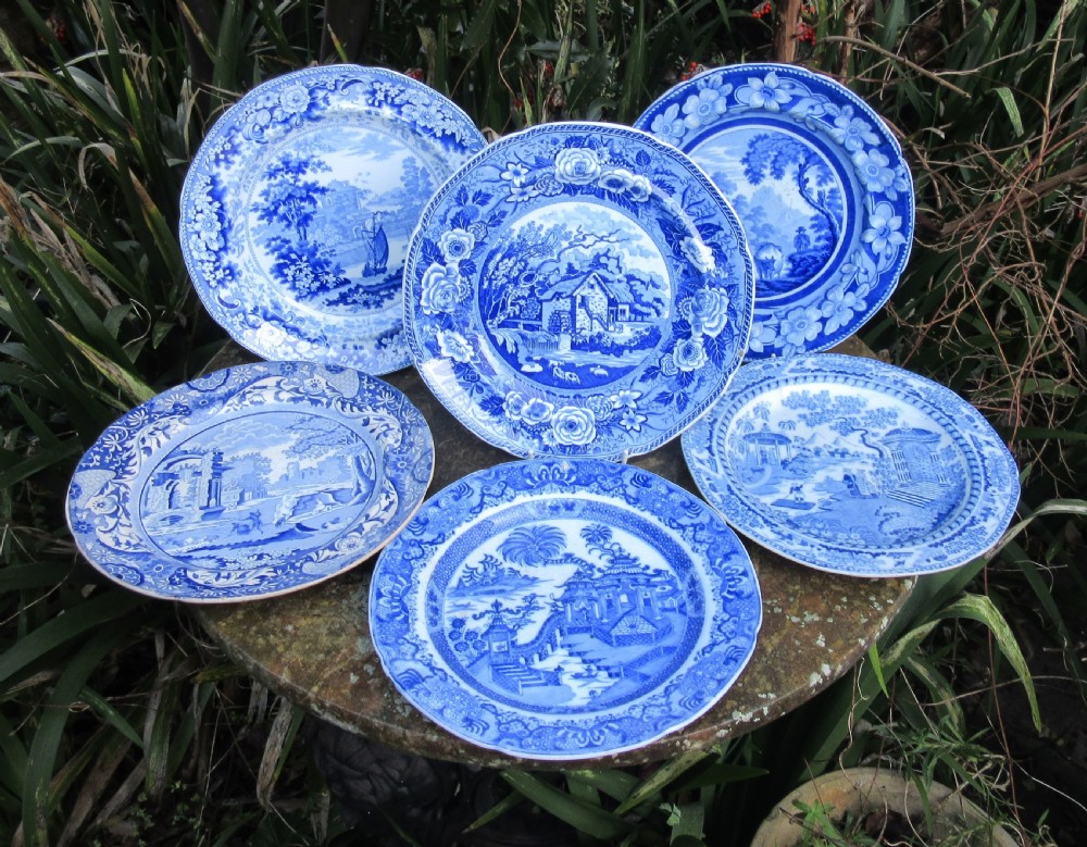 COLLECTION OF SIX ENGLISH BLUE & WHITE PLATES c1830