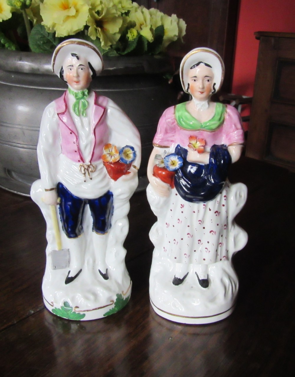 PAIR OF ANTIQUE STAFFORDSHIRE GARDENING FIGURES c1840