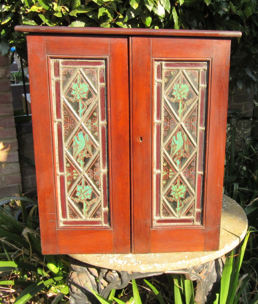 VICTORIAN STAINED GLASS HANGING CUPBOARD c1880