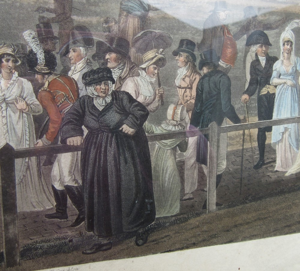 An 1806 engraving depicting figures promenading near the Royal Pavilion in Brighton, set within a wide brown timber frame with a gilded inner rim. View III