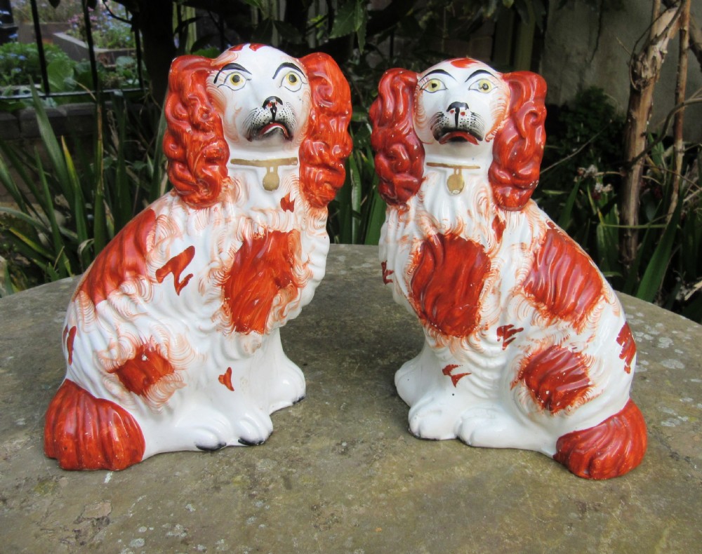 GOOD PAIR OF RED & WHITE STAFFORDSHIRE DOGS c1860 View III