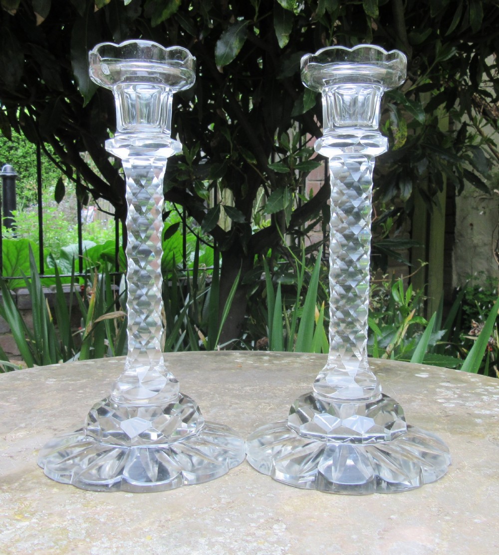 PAIR OF TALL VICTORIAN GLASS CANDLESTICKS c1890