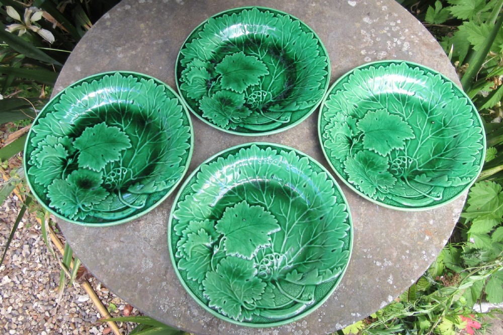 SIX MAJOLICA GREEN LEAF PLATES c1880 View V