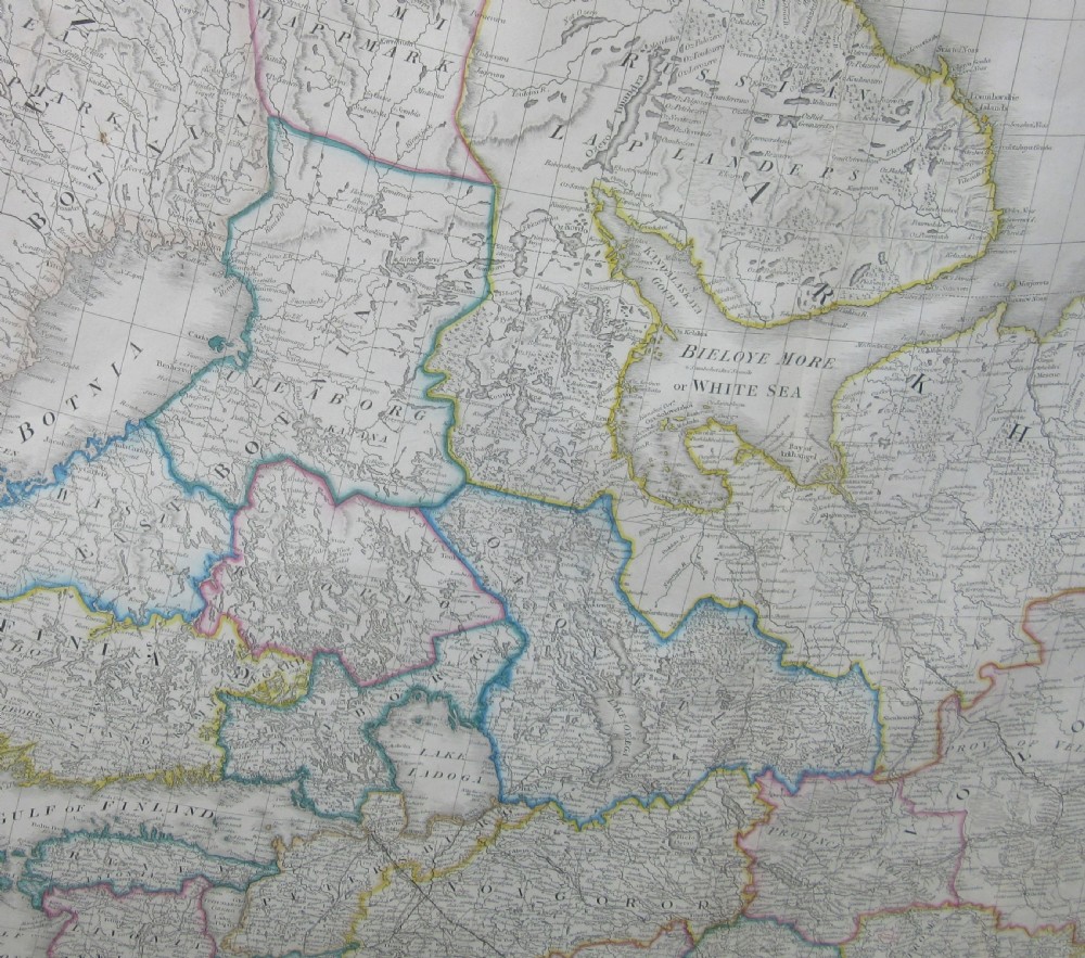 A large framed mid-19th-century map detailing the Russian Dominions in Europe with hand-coloured regional boundary lines. View V