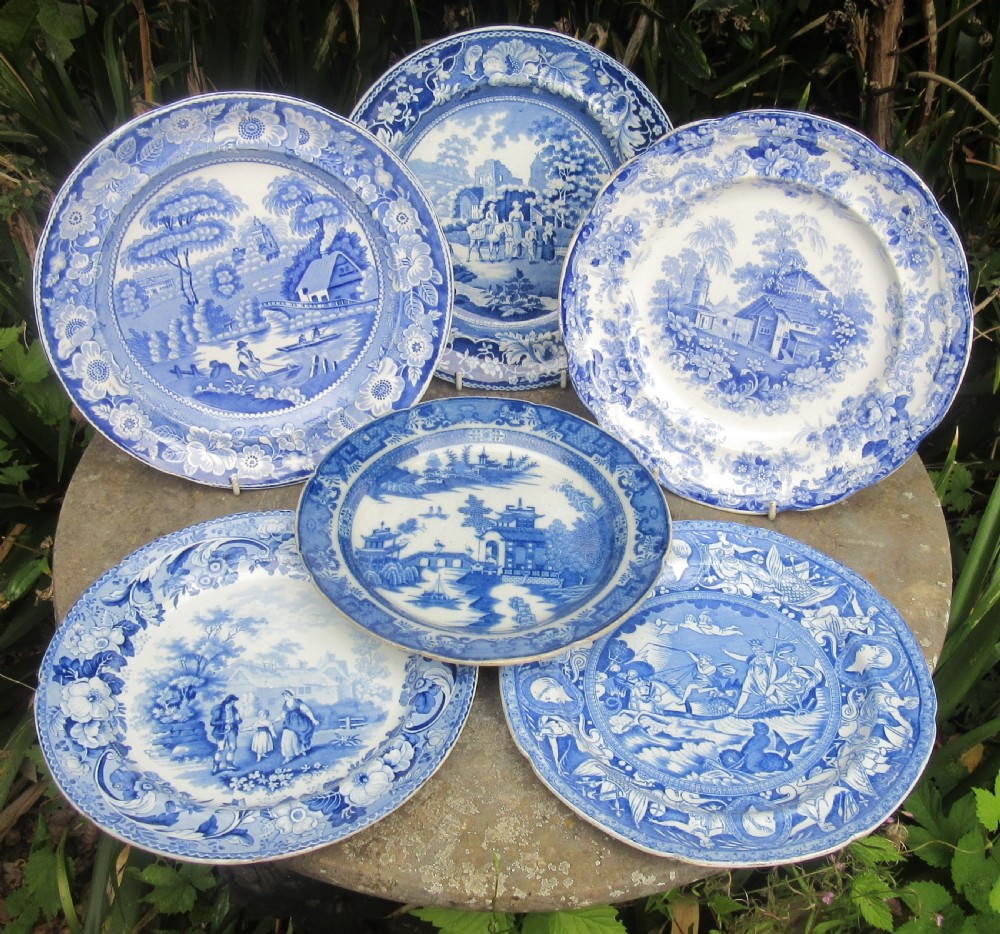 SIX ENGLISH BLUE & WHITE POTTERY PLATES 1800-1840