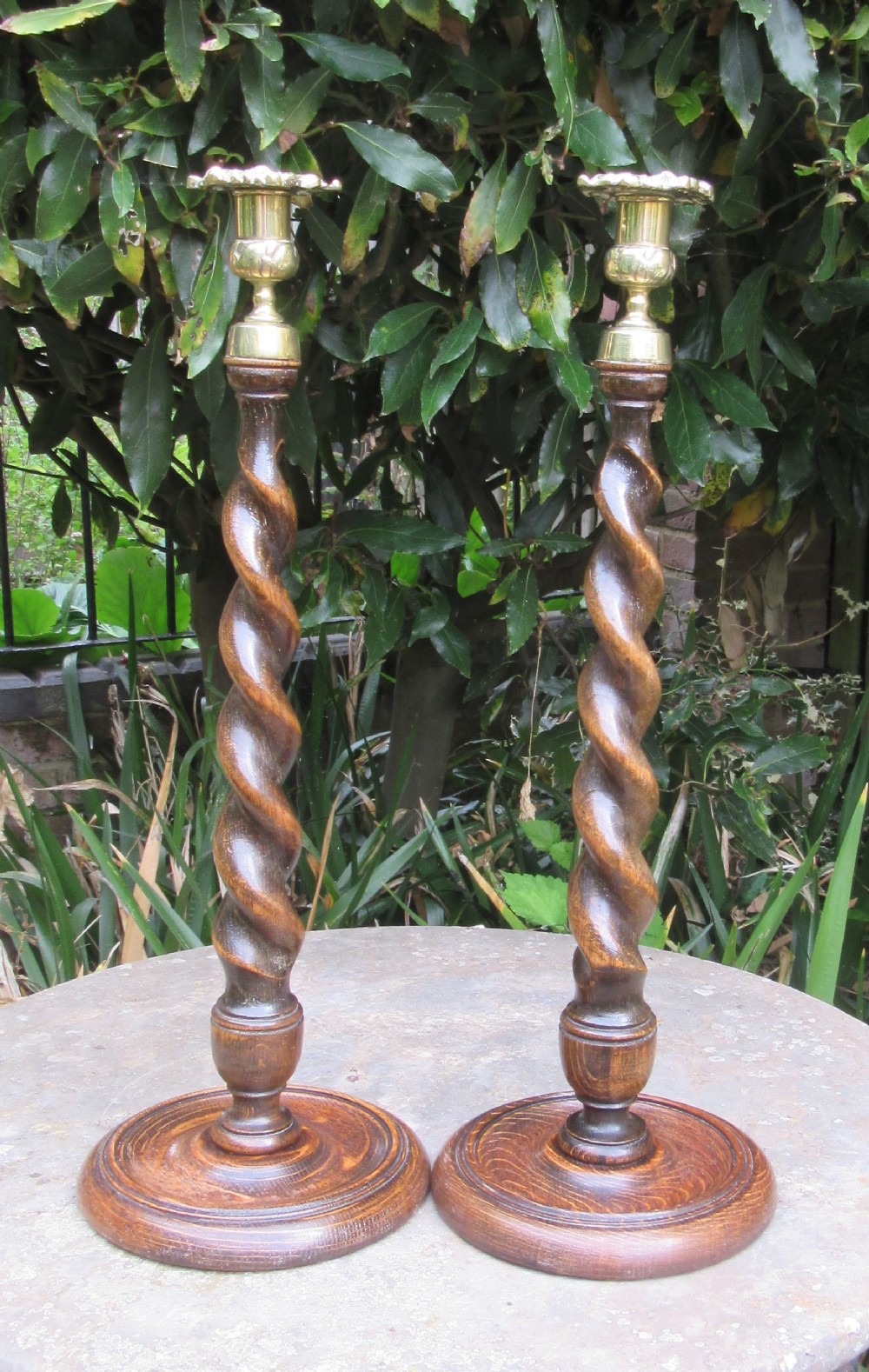 PAIR TALL OAK & BRASS CANDLESTICKSc1920
