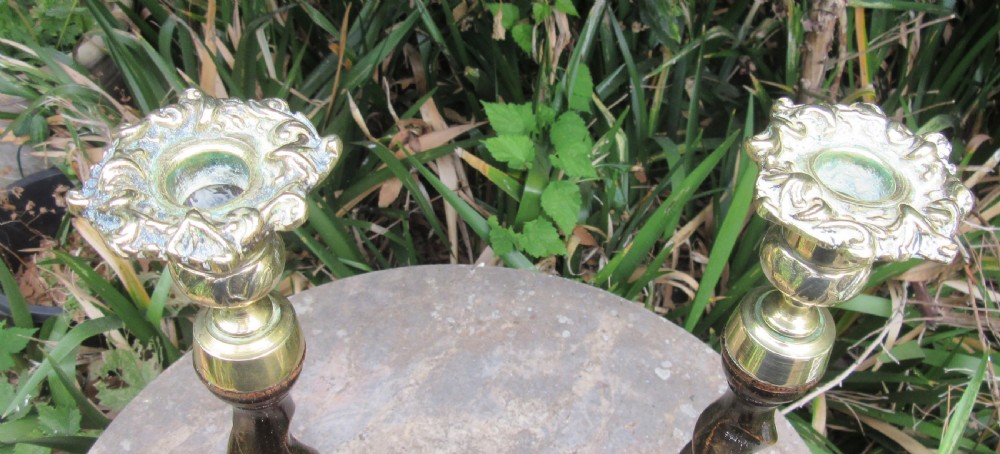 PAIR TALL OAK & BRASS CANDLESTICKSc1920 View II