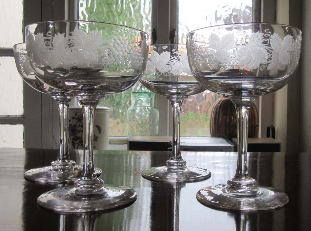 SET FOUR VICTORIAN ENGRAVED CHAMPAGNE GLASSES  View III