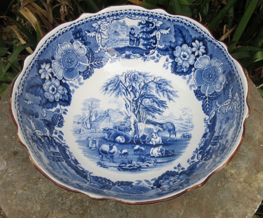 LARGE ENGLISH BLUE & WHITE POTTERY PUNCH BOWL c1850 View II
