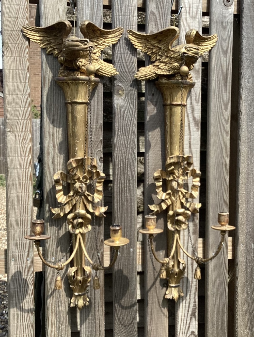 LARGE PAIR 19thC GILTWOOD EAGLE SCONCES