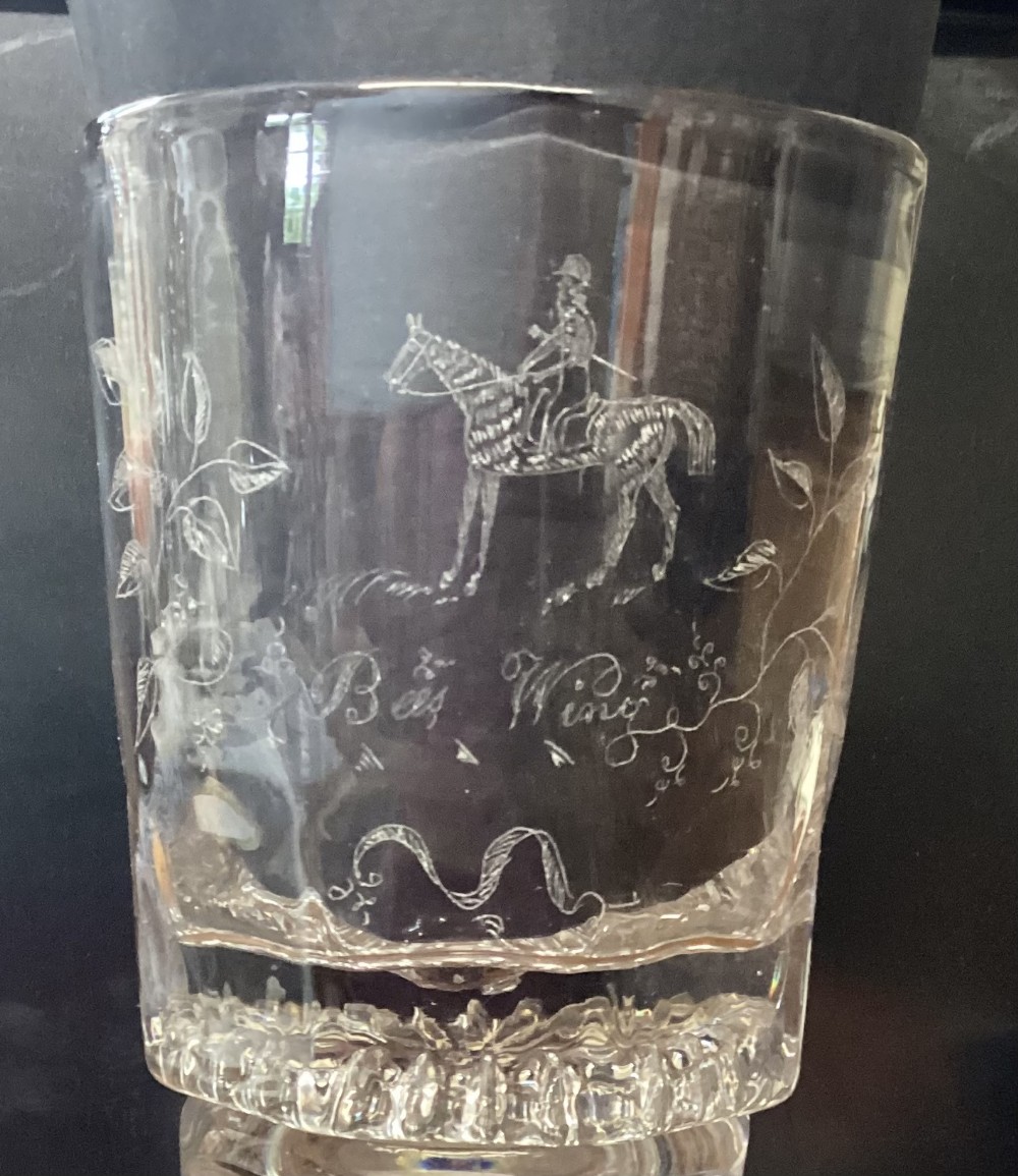 NAIVE ENGRAVED GLASS BEES WING RACEHORSE c1840