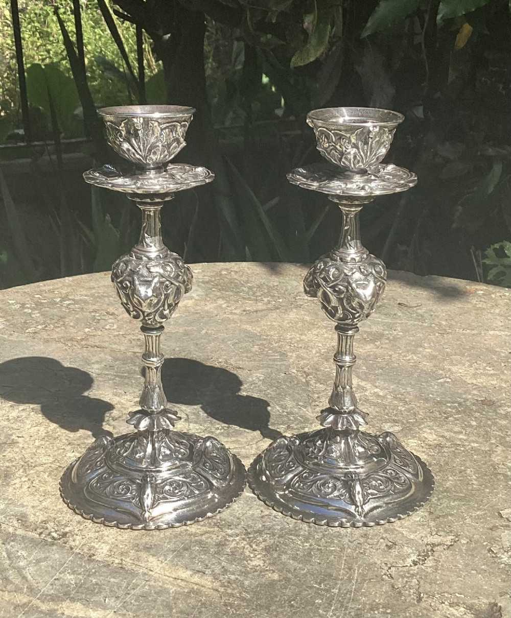 PAIR ELKINGTON SILVER PLATED OWL & LEOPARD CANDLESTICKS c1860
