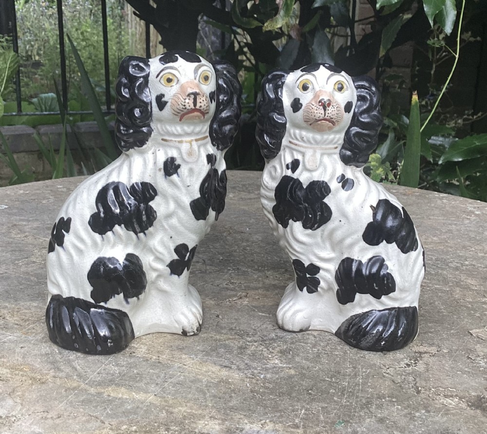 PAIR SMALL BLACK & WHITE STAFFORDSHIRE DOGS No6 c1860