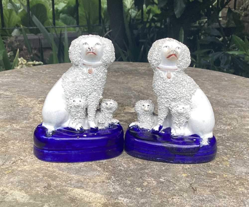 A pair of Victorian white ceramic poodle figures with puppies sitting on deep cobalt blue oval bases.