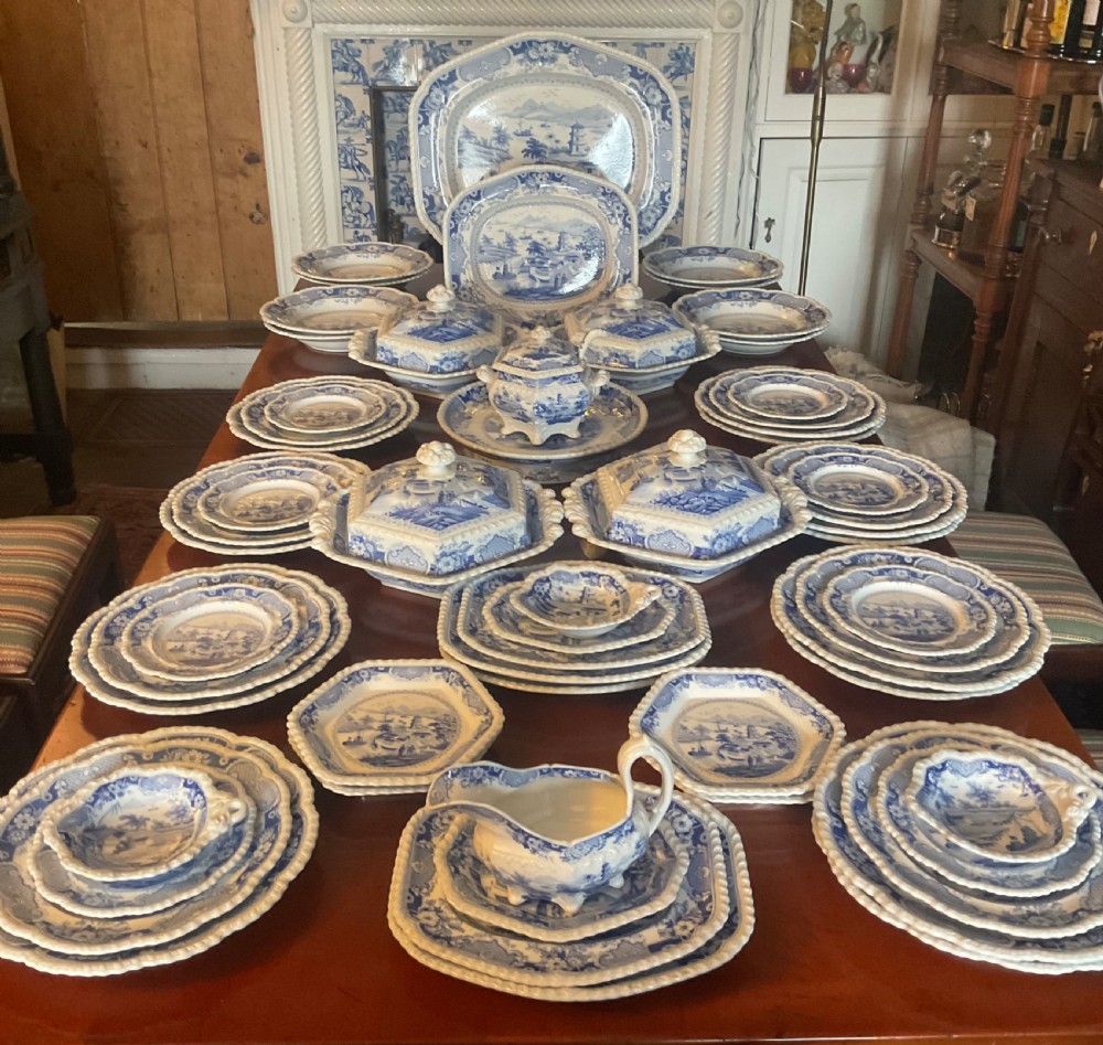 GEORGIAN BLUE & WHITE RIDGWAY INDIA TEMPLE DINNER SERVICE c1820