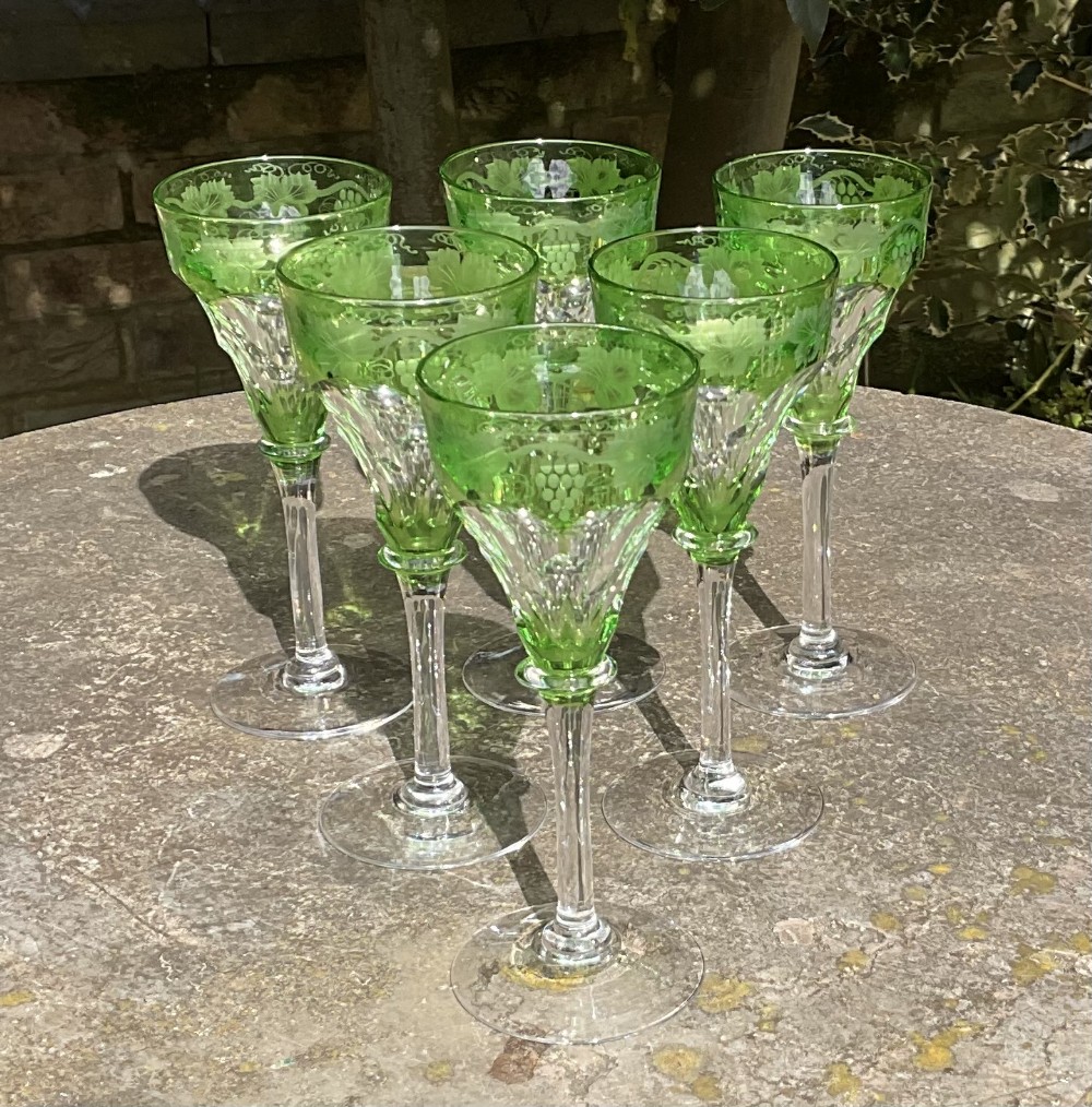 SET OF SIX CUT AND ENGRAVED WINE GLASSES c1920
