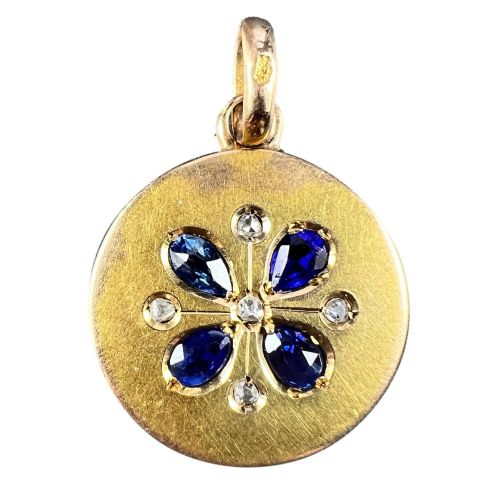 french lucky four leaf clover 18k yellow gold sapphire diamond charm pendant - CATEGORY: ANTIQUE JEWELLERY - DATED 1880