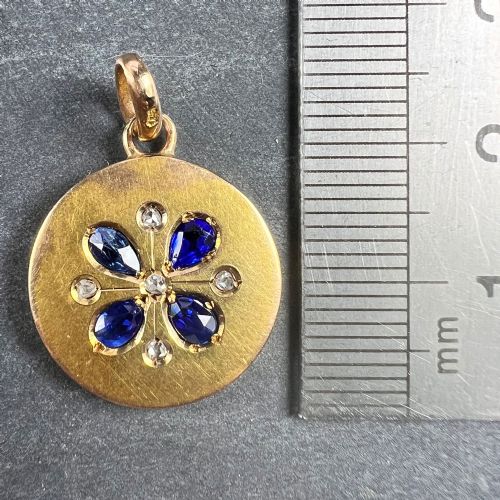 FRENCH LUCKY FOUR LEAF CLOVER 18K YELLOW GOLD SAPPHIRE DIAMOND CHARM PENDANT - ADDITIONAL PHOTO 1