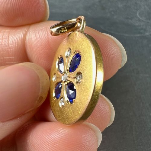 FRENCH LUCKY FOUR LEAF CLOVER 18K YELLOW GOLD SAPPHIRE DIAMOND CHARM PENDANT - ADDITIONAL PHOTO 2