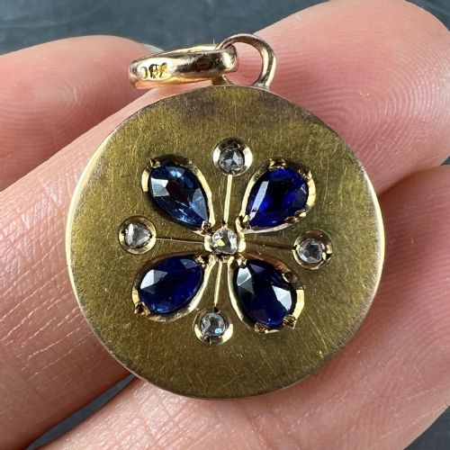 FRENCH LUCKY FOUR LEAF CLOVER 18K YELLOW GOLD SAPPHIRE DIAMOND CHARM PENDANT - ADDITIONAL PHOTO 7