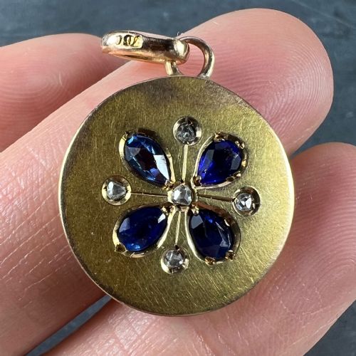 FRENCH LUCKY FOUR LEAF CLOVER 18K YELLOW GOLD SAPPHIRE DIAMOND CHARM PENDANT - ADDITIONAL PHOTO 8