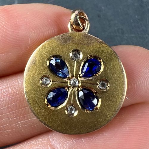 FRENCH LUCKY FOUR LEAF CLOVER 18K YELLOW GOLD SAPPHIRE DIAMOND CHARM PENDANT - ADDITIONAL PHOTO 10