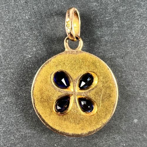 FRENCH LUCKY FOUR LEAF CLOVER 18K YELLOW GOLD SAPPHIRE DIAMOND CHARM PENDANT - ADDITIONAL PHOTO 11