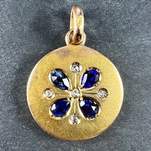FRENCH LUCKY FOUR LEAF CLOVER 18K YELLOW GOLD SAPPHIRE DIAMOND CHARM PENDANT - ADDITIONAL PHOTO 12